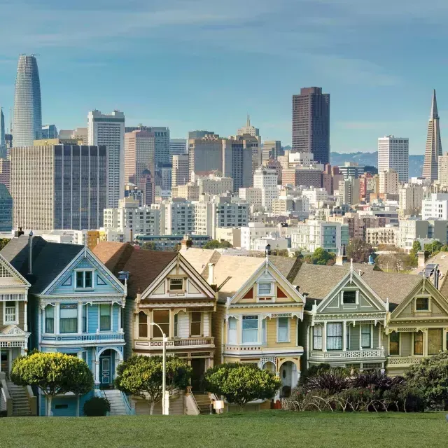 Les pique-niqueurs sont assis sur l'herbe du parc Alamo Square, 背景是彩绘女郎和威尼斯人官网平台app的屋顶.